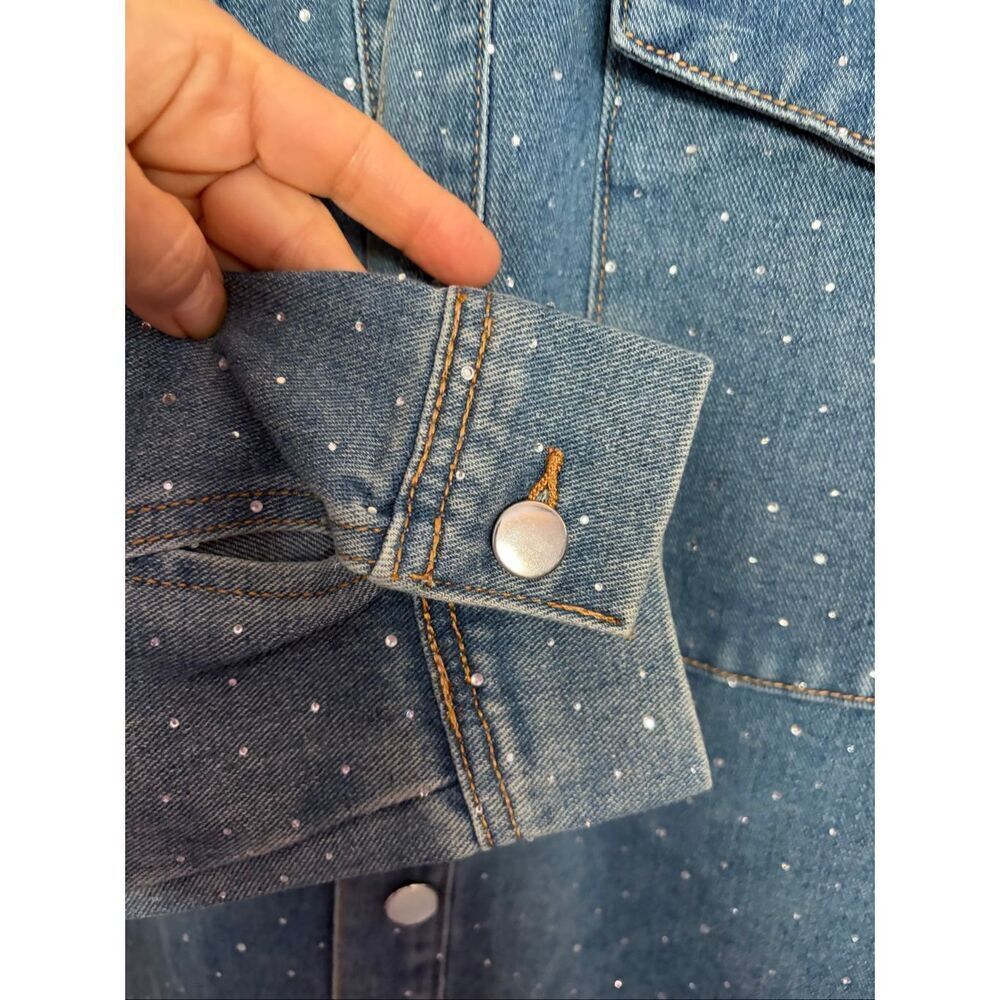Avec Les Filles Rhinestone Denim Shacket Size L Embellished Button Front - Picture 7 of 12